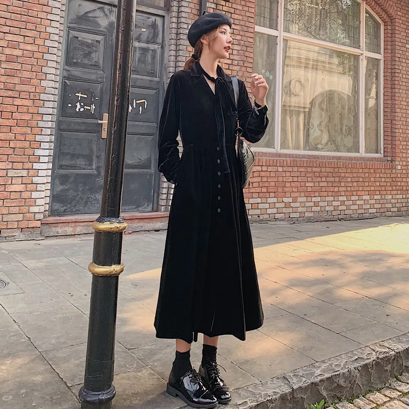 

Photo Shoot 2019 Autumn New Style Gold Velvet Dress-Style Elegant French Velvet Dress over-the-Knee Fairy Skirt