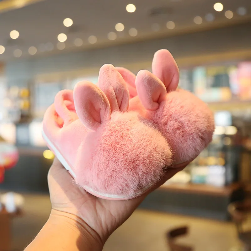 pink slipper Домашняя обувь для мальчиков и девочек; зимняя хлопковая детская обувь с заячьими ушками; плюшевые тапочки; теплая детская обувь для малышей; тапочки-Тапочки - Цвет: pink slipper