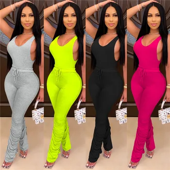 

Women Tracksuits Two Pieces Set Tank Tops Long Ruched Stacked Bell-bottom 2 Pieces Set Outfit Skinny Elastic Casual Outdoor Wear