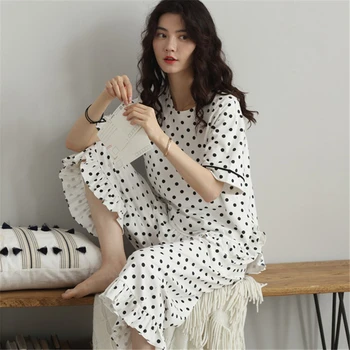 

Women's pajamas summer cotton black polka dot nightwear elegant short-sleeved thin home service can outside wear 2PC pijamas