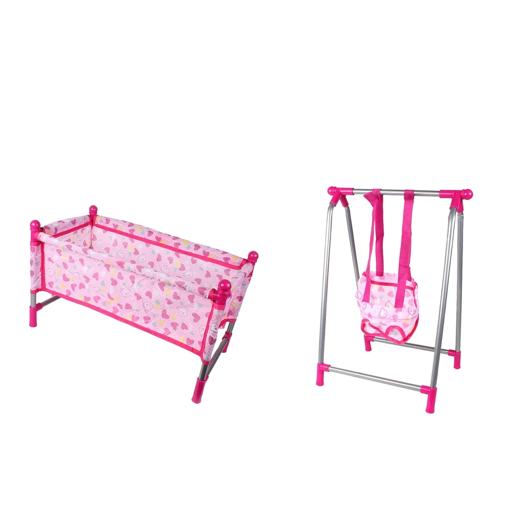 Doll Swing Cradle + Doll Baby Toddler Bed Crib Playset Kids Pretend Toy Role Play Nursery Room Decor