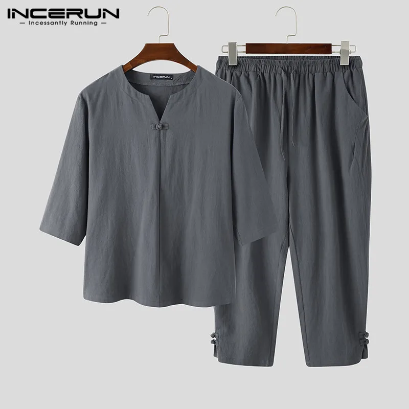 INCERUN Chinese Style Men Sets Solid Color Vintage Half Sleeve V Neck Shirts Drawstring Pants Cotton Men Casual Suits Streetwear INCERUN Chinese Style Men Sets Solid Color Vintage Half Sleeve V Neck Shirts Drawstring Pants Cotton Men Casual Suits Streetwear