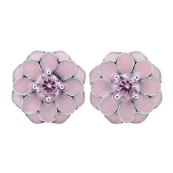 

Authentic 925 Sterling Silver Earring Pink Blooming Dahlia With Crystal Studs Earrings For Women Wedding Gift Fine Jewelry