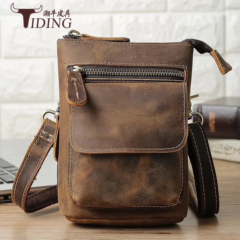 

Tiding Genuine Leather Men Crossbody Bag Retro Horse Leather Mobile Phone Camera Pannier Bag Outdoor Wear Leather Belt Small Wai
