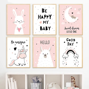 

Cute Rabbit Bunny Lama Unicorn Baby Nursery Wall Art Be Happy Canvas Poster Print Nordic Child Painting Picture Kids Room Decor