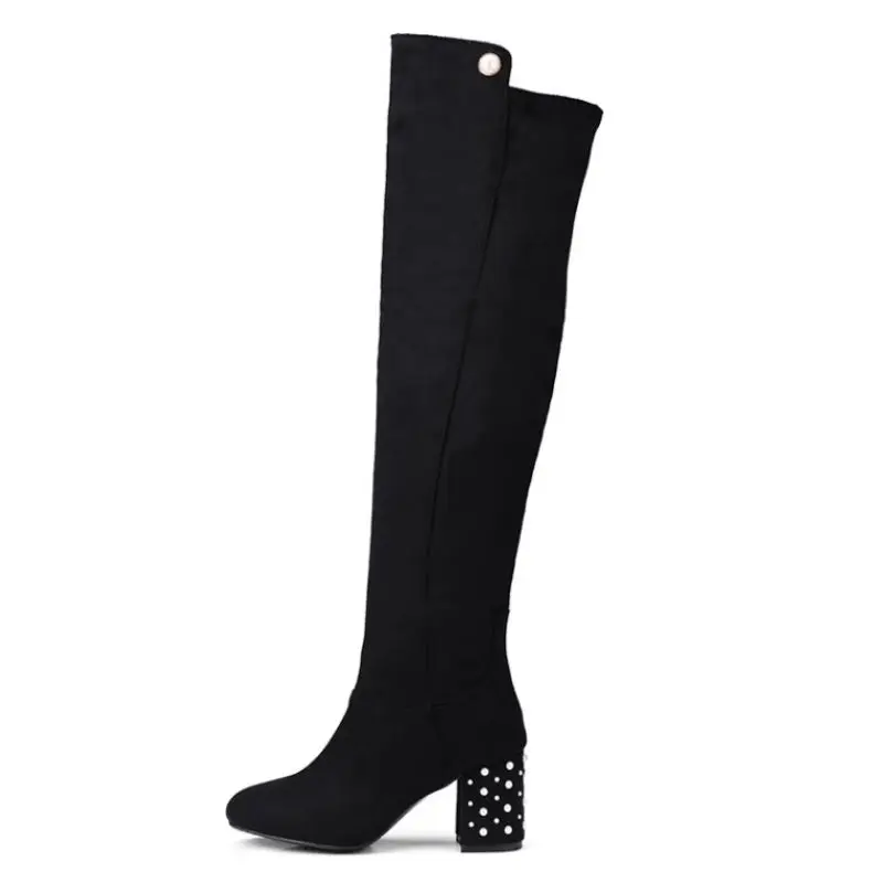 RIZABINA Big Size 34-47 Women Thigh High Boots Winter Keep Warm Fur Shoes Women Fashion String Beads High Heels Long Boots