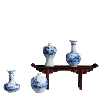 

Jingdezhen pure handmade Chinese style living room tea table antique blue and white porcelain mini flower arrangement small vase