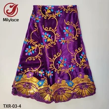 Высококачественная фиолетовая африканская Бархатная ткань высокого качества, 5 ярдов Цветочная вышитая бархатная ткань с блестками для праздничных платьев TXR-3