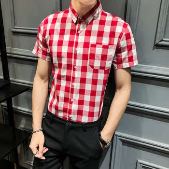 

Fashion Casual Slim Fit Short Sleeve Dress Shirts Camisa Masculina Streetwear Social Men Clothing Summer Student Plaid Shirt Men