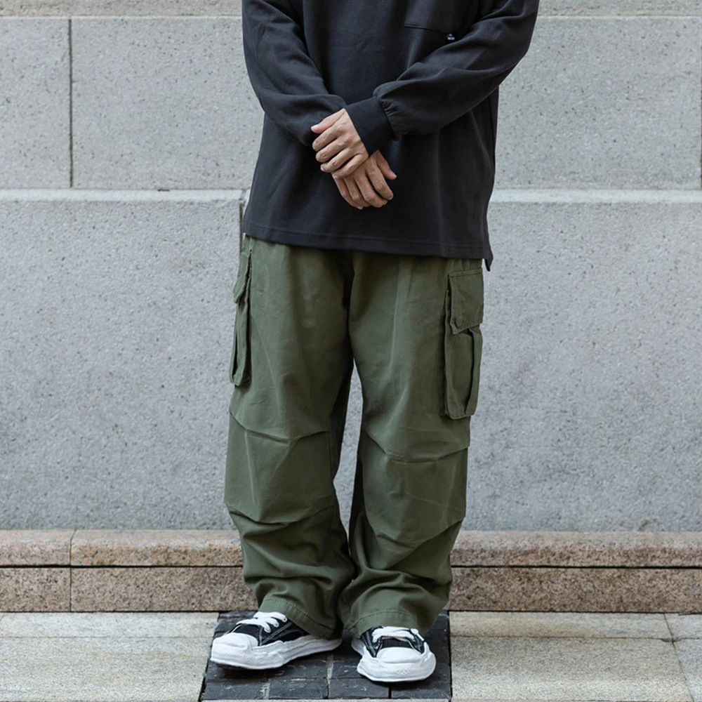 Multi-Pocket Cargo Pants Mens Safari Style Solid Color Pleated Loose Straight-leg Pants Elastic Waist Casual Trousers Men