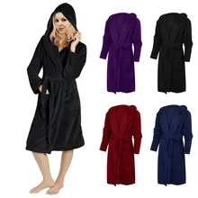 Зимний женский халат, одежда для сна, теплый повседневный халат, банная одежда, однотонный, длинный рукав, домашний, мягкий, с капюшоном, карманом, поясом, свободный