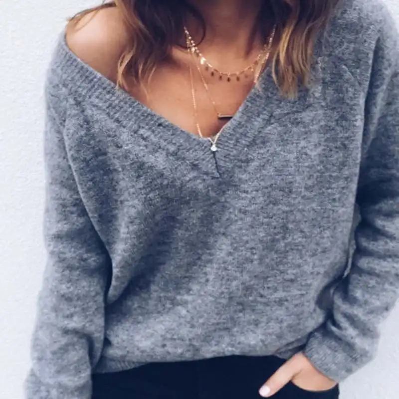 Bella Philosophy осенний вязаный свитер для женщин с v-образным вырезом модный однотонный Повседневный свитер с длинными рукавами сексуальный женский пуловер - Цвет: gray