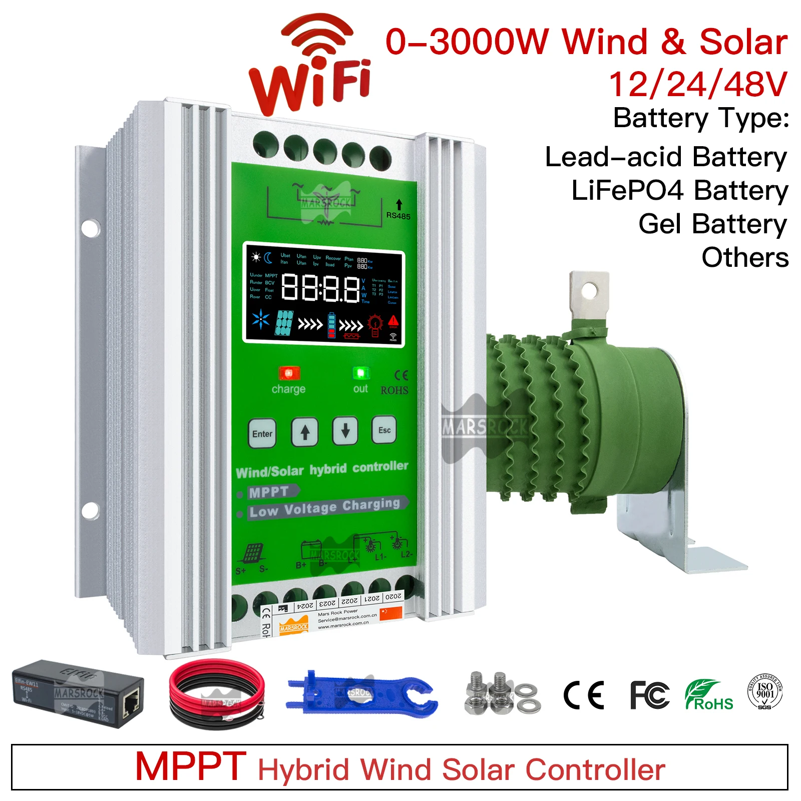 3000W MPPT Wind Solar Hybrid Charge Controller 12 24 48V 30A 60A LCD