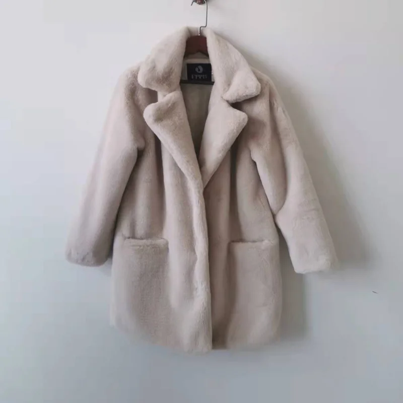 2023 New Women Winter Warm Faux Fur Coat Thick Women Middle -Long Overcoat Turn Down Collar Women Warm Female Casaco Feminino