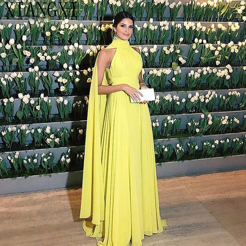 

Formal Dress Women Elegant Chiffon Ruched High Neck Cape Long Sleeves Yellow Evening Dress 2019 Vestido Longo Festa