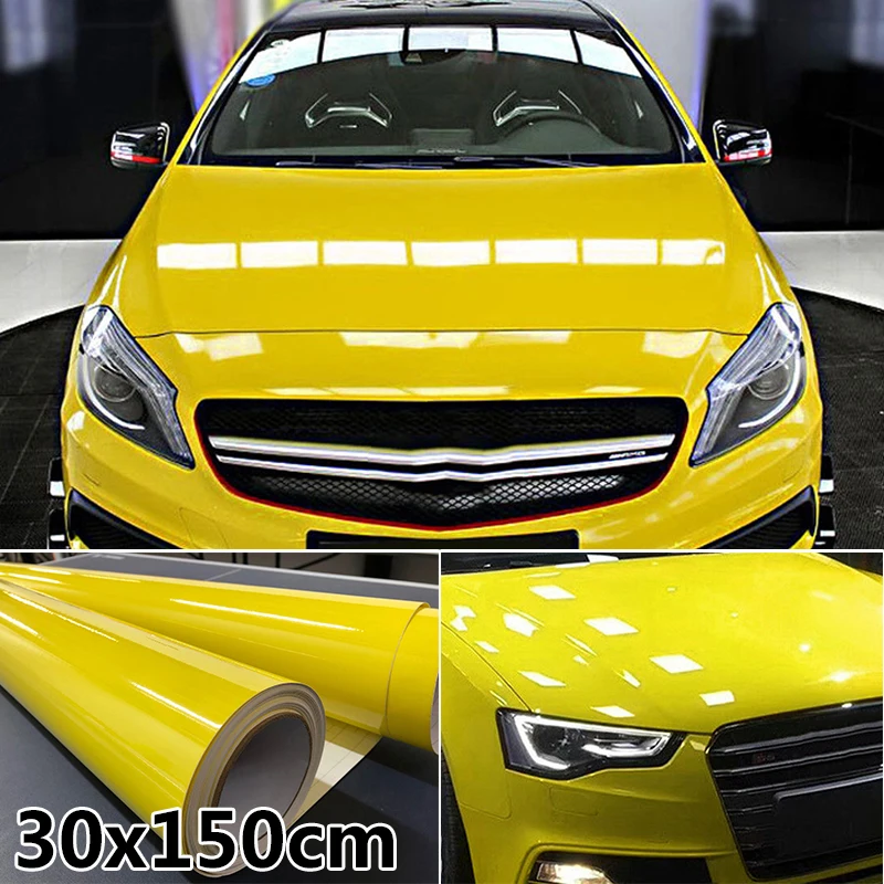 Обертывание автомобиля Наклейка глянцевый желтый Авто рулон лист Декор пузырьковая свобода, наклейка пленка бампер внешний