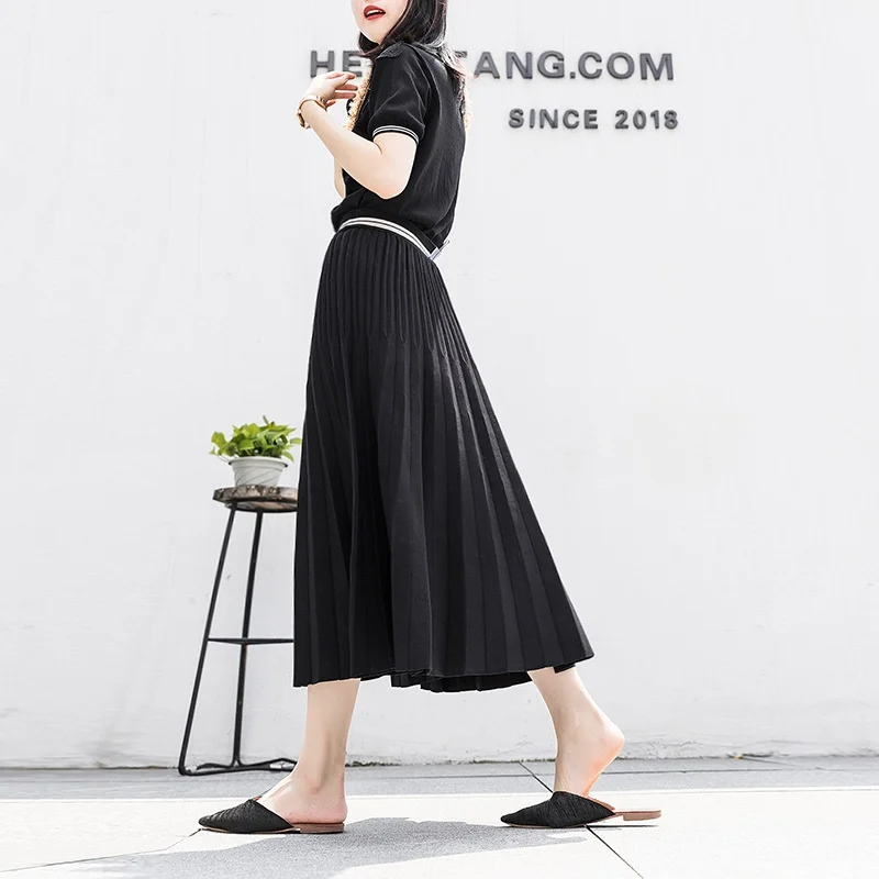 Women Skirts Autumn Winter Elastic High Waist Knitted Pleated Skirt Solid Casual Midi Skirt 2019 Black A Line Flare Skirt AA5076