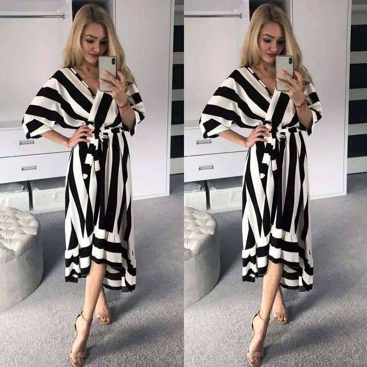 

2019 Summer Temperament Elegant Women's Midi Dress With Five-point Sleeve Striped Design V-neck Irregular Stitching Colors Robe