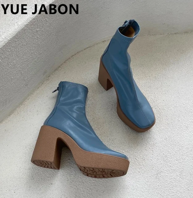 

Blue White Platform High Heels Ankle Boots For Women Elastic Thin Short Sock Botas Autumn Winter Ladies Casual Punk Runway Shoes