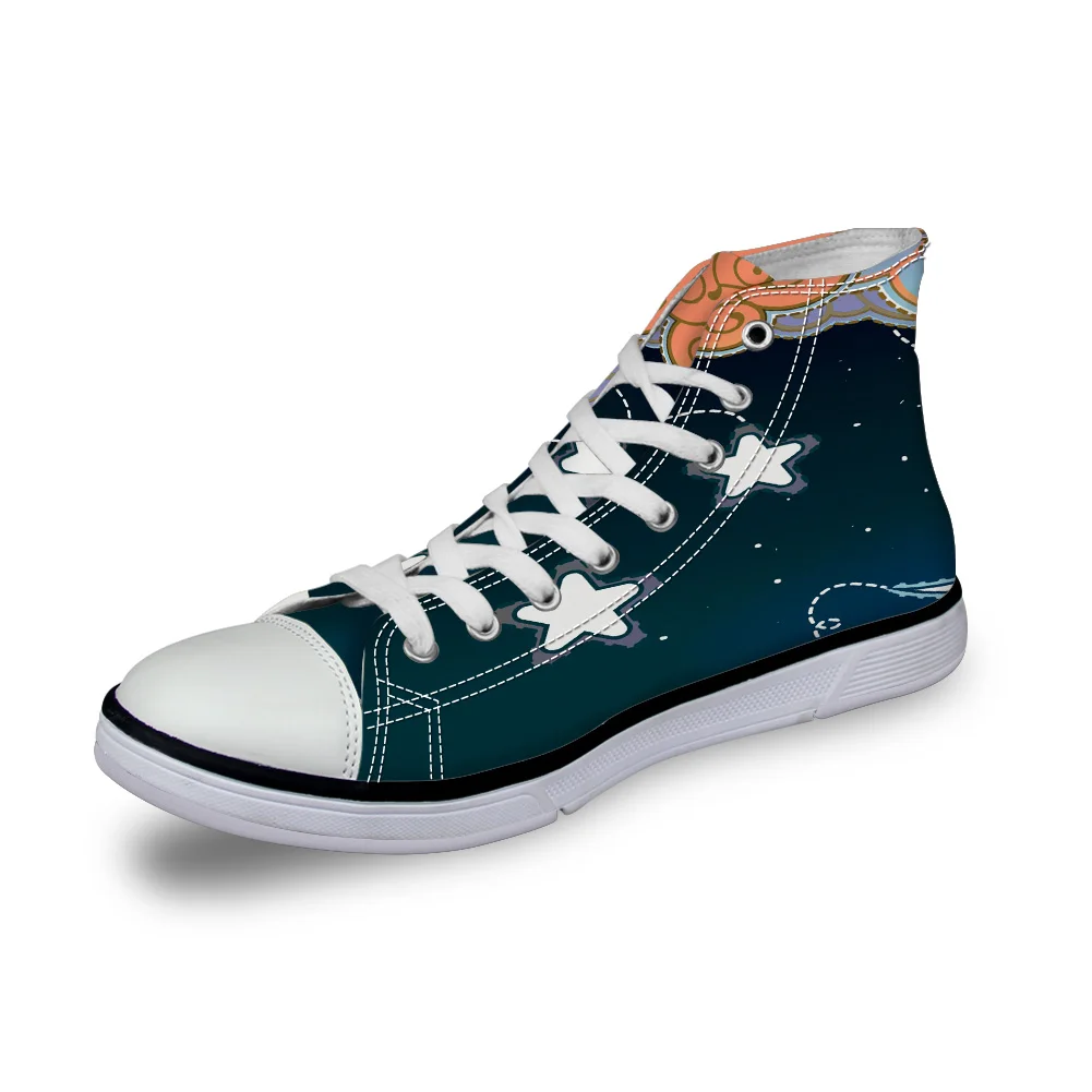 

WHEREISART Women Canvas Shoes Cartoon Night Sky Scenery Moon High Top Flats Unisex Vulcanized Shoes Female Casual Shoes Sneakers
