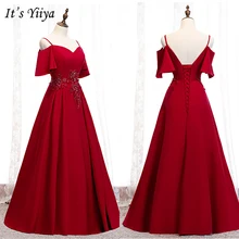 It's Yiya вечернее платье летнее Бордовое платье с оборками на рукавах длинное вечернее платье Элегантные аппликации ТРАПЕЦИЕВИДНОЕ ПЛАТЬЕ E976