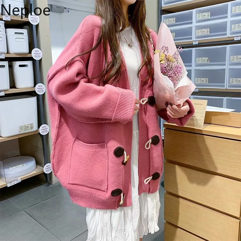 

Neploe Sweet Style V Neck Candy Colors Loose Girls Cardigans Fashion Cashmere Horn Buckle Sweatercoats Solid Autumn Fairy 45696