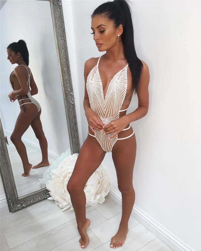 Sparkly Sequins Bodysuits V-Neck Backless Hollow Out Jumpsuits Summer Sexy Night Party Clubwear See Through Playsuits For Lady corset bodysuit