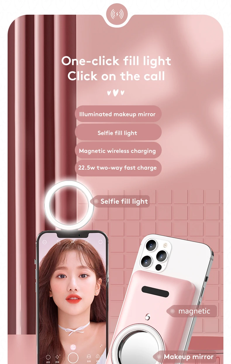 power bank 2022 5000mAh NEW Beauty Makeup with Fill Light + Mirror Portable Magnetic Wireless Power Bank For iPhone 12 13 External Battery power bank mini