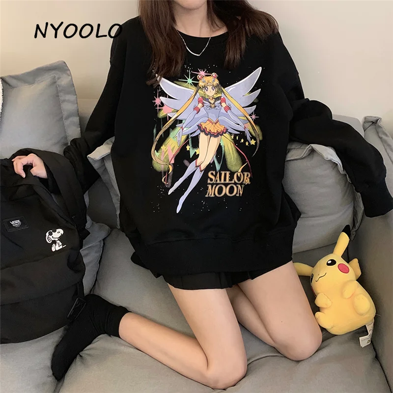 NYOOLO Harajuku стиль мультфильм персонаж Сейлор Мун буквы печати толстовка осень уличная одежда с длинным рукавом Пуловеры женские
