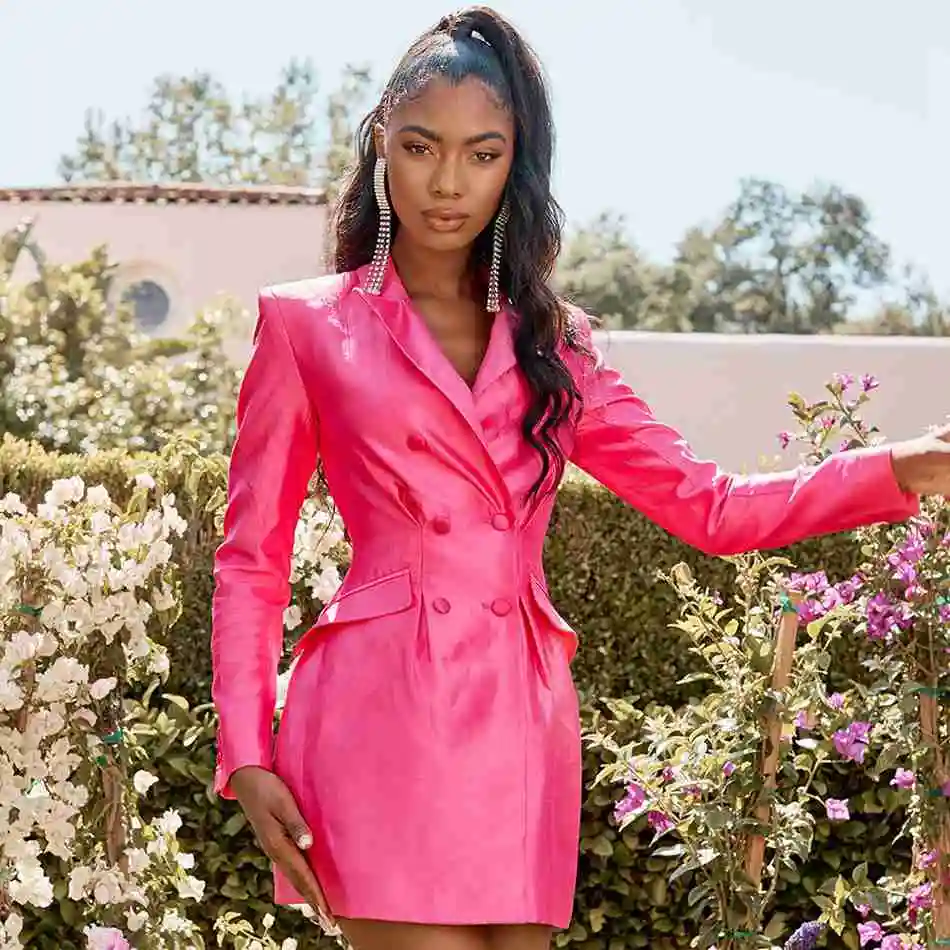 

Seamyla Black Rosered Deep V Notched Blazers Elegant Pocket Double Breasted Women Coats Sexy Winter Casual Out Wear 2019Vestidos