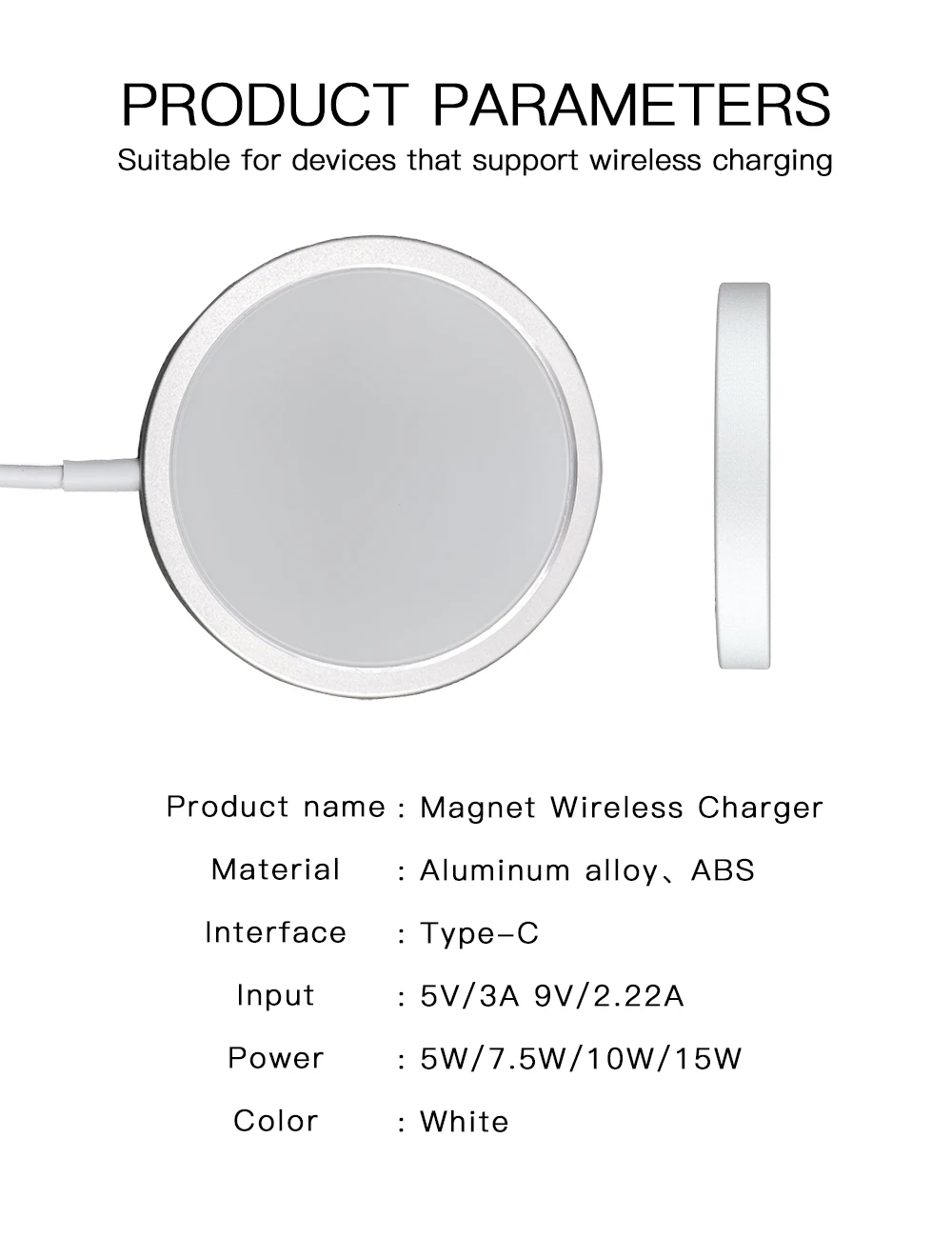 15W Magnetic Adsorption with USB-C Integrated Cable Portable Wireless Charger For 12 Pro Mini Max Magsafing Wireless Charger