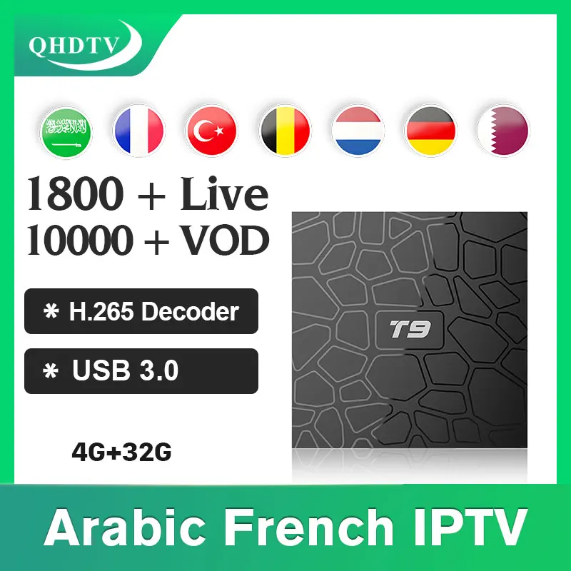 IPTV французский голландский арабский IPTV подписка коробка T9 Android 8,1 4+ 32G 4K H.265 поддержка BT 2,4 GHz wifi Бельгия IPTV Испания ОАЭ