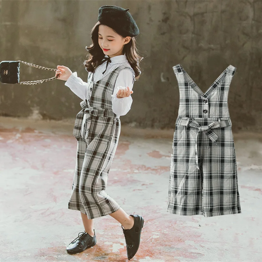 Overalls for children bowknot plaid girls school suspender trousers 4-14Y baby girl overalls autumn spring girls jumpsuit