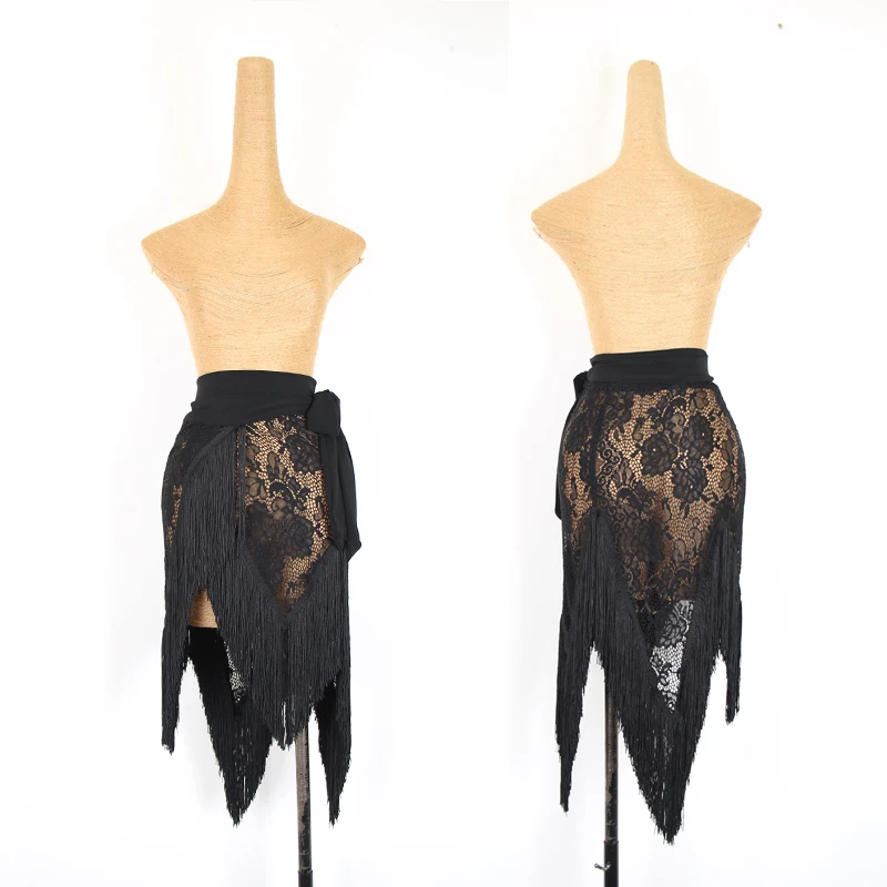 Latin Dance Skirt Female Rumba Practice Sexy Tassel Dress Women Tango Black Lace Hip Scarf Adult Latin Fringe Skirt DQL1807