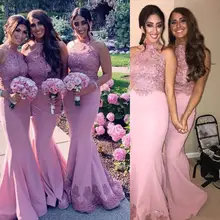 Cheap African ridesmaid Dresses Halter Mermaid Wedding Guest Wear Lace Appliques Plus Size Long Junior Maid of Honor Gowns