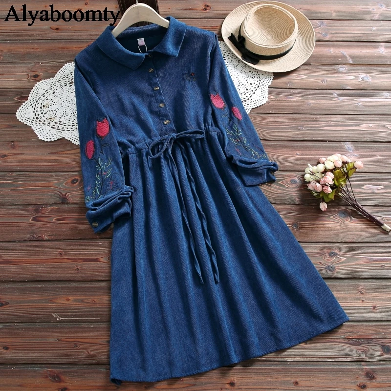 Navy Blue Японский Мори девушка весна осень Женское платье Питер Пэн воротник абрикосовый зеленый кружево Vestidos Цветочные Вышивка вельветовые платья - Цвет: Navy Blue