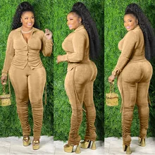 

FAGADOER Velvet Ruched Design Two Piece Sets Women Long Sleeve Side Lace Up Top And Stacked Pants Plus Size Solid Outfits 3XL