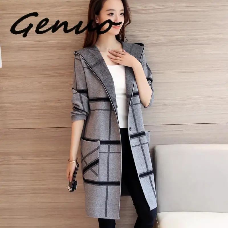 

Genuo New 2019 Autumn Long Sweater Coat Women Long Sleeve Hooded Plaid Sweater Slim Cardigan Sweater Female Elegant Casual Knit