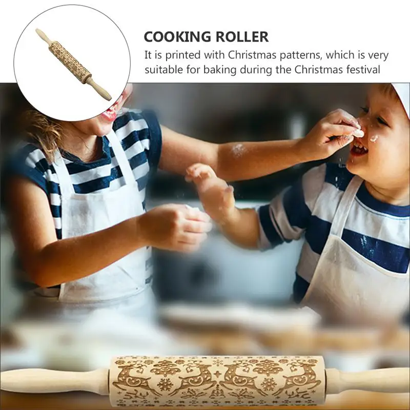 3D Christmas Embossing Rolling Pin Moose Snowflake Pattern Bake Cookie Biscuit Engraved Roller for Home DIY Bakery Cake Shop