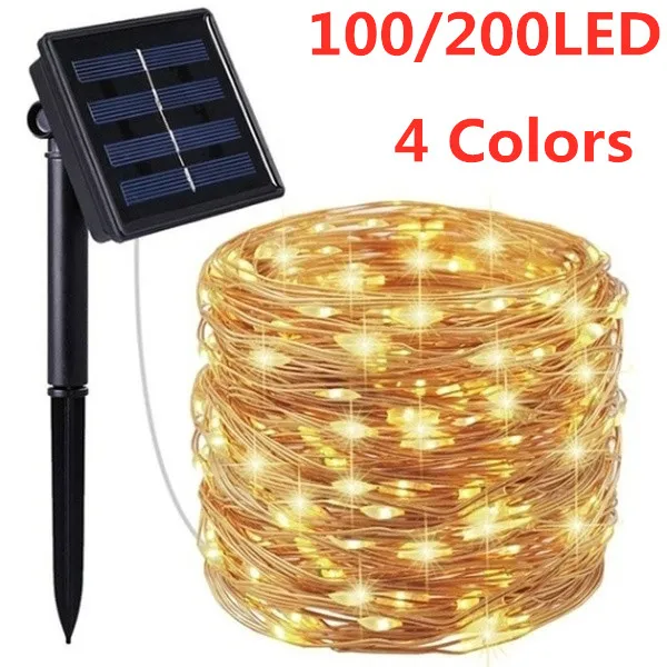 100/200LED гирлянды на солнечных батареях Открытый водонепроницаемый медный провод огни для украшения сада фестиваля