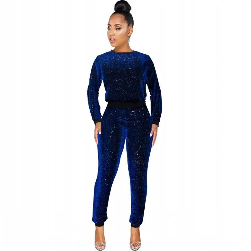 Комплект из 2 предметов, африканские комплекты для женщин, новые расшитые блестками африканские эластичные базиновые мешковатые штаны, стиль рок, Дашики, рукав, известный костюм для леди - Цвет: Синий