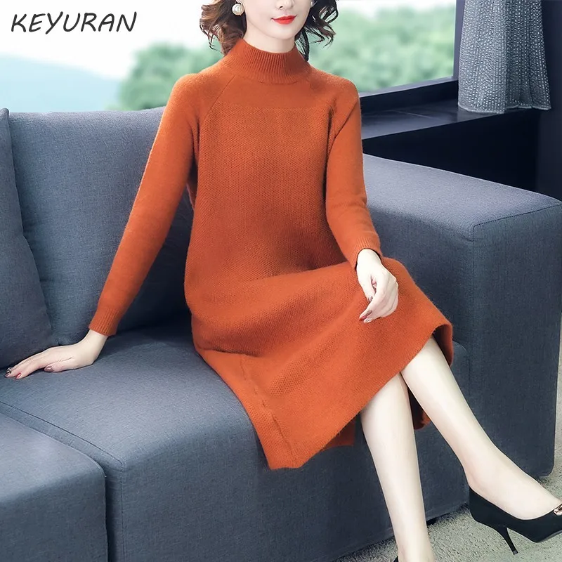 caramel colour Женское осенне-зимнее свободное шерстяное платье-свитер, плотное женское платье с высоким воротом и длинным рукавом, вязаные платья, свитер женский - Цвет: caramel colour