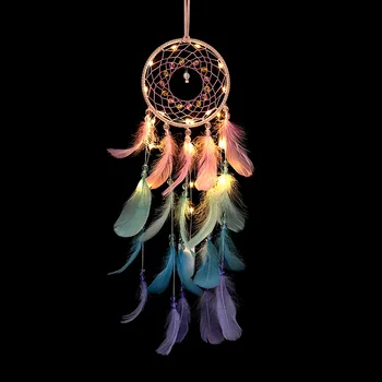

LED dreamcatcher purple feather chandelier decoration India handmade wall decoration hanging home decoration 60 cm