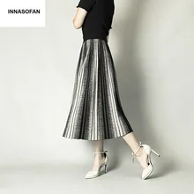 INNASOFAN, теплая трикотажная женская юбка, Осень-зима, плиссированная юбка, высокая талия, модная, высокая, шикарная, длинная юбка