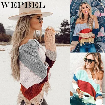 

WEPBEL Fashion Women Wavy Tassel Hem Loose V-Neck Knit Color Stripe Sweater Autumn Winter New Casual Knit Sweater