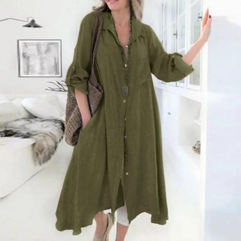 Женская Повседневная Свободная длинная рубашка, платье Vestidos Robe, однотонное женское платье-рубашка, хлопковое льняное платье с длинным рукавом на осень и весну, Vestidos