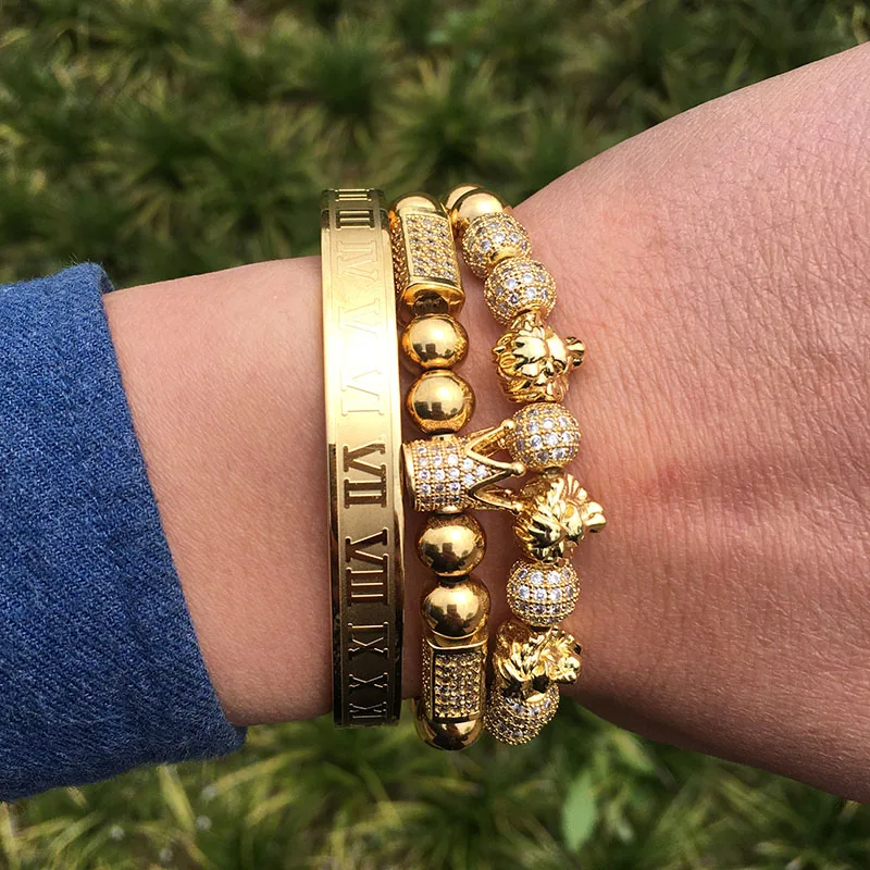 New Luxury Men Jewelry Bracelet CZ Micro Pave Crown Lion Ball Charm Stainless Steel Beads Custom Elastic Bracelet Set Men Women - Image 6