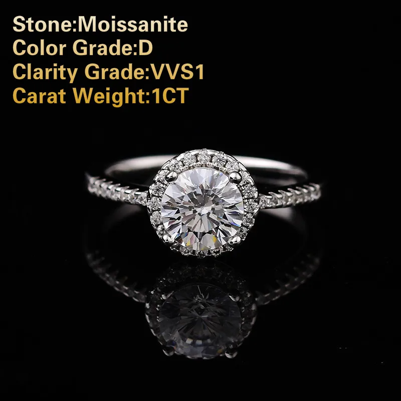 1ct карат муассанит D Цвет VVS1 ясность классические обручальные кольца для женщин 925 пробы серебро Платиновое Покрытие женские кольца