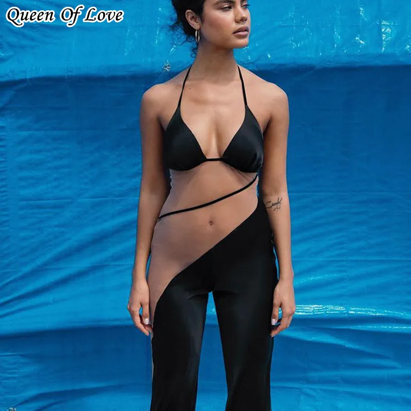 Женский комбинезон без рукавов прозрачный сетчатый с лямкой на шее в стиле