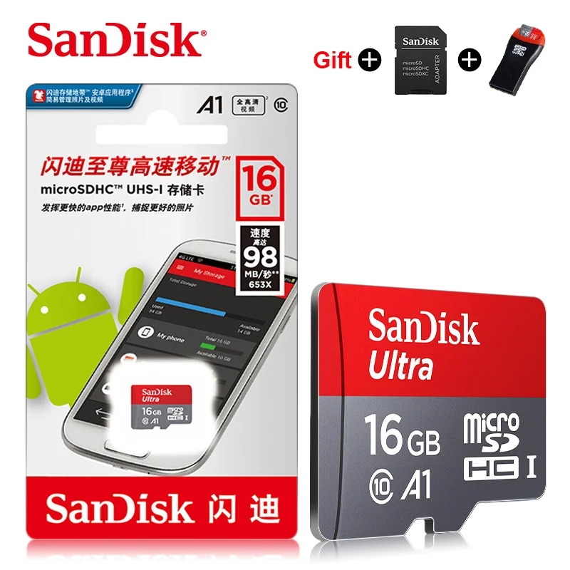 Оригинальная карта памяти SanDisk, 200 ГБ, 128 ГБ, 64 ГБ, Micro sd карта, 32 ГБ, 16 ГБ, UHS-1, флеш-карта Microsd, класс 10, TF карта, Подарочный адаптер - Емкость: 16 ГБ